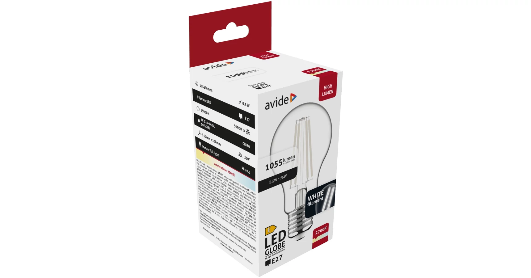 Avide LED White Filament Globe 8,5W E27 330° WW 2700K, 1055 lumen