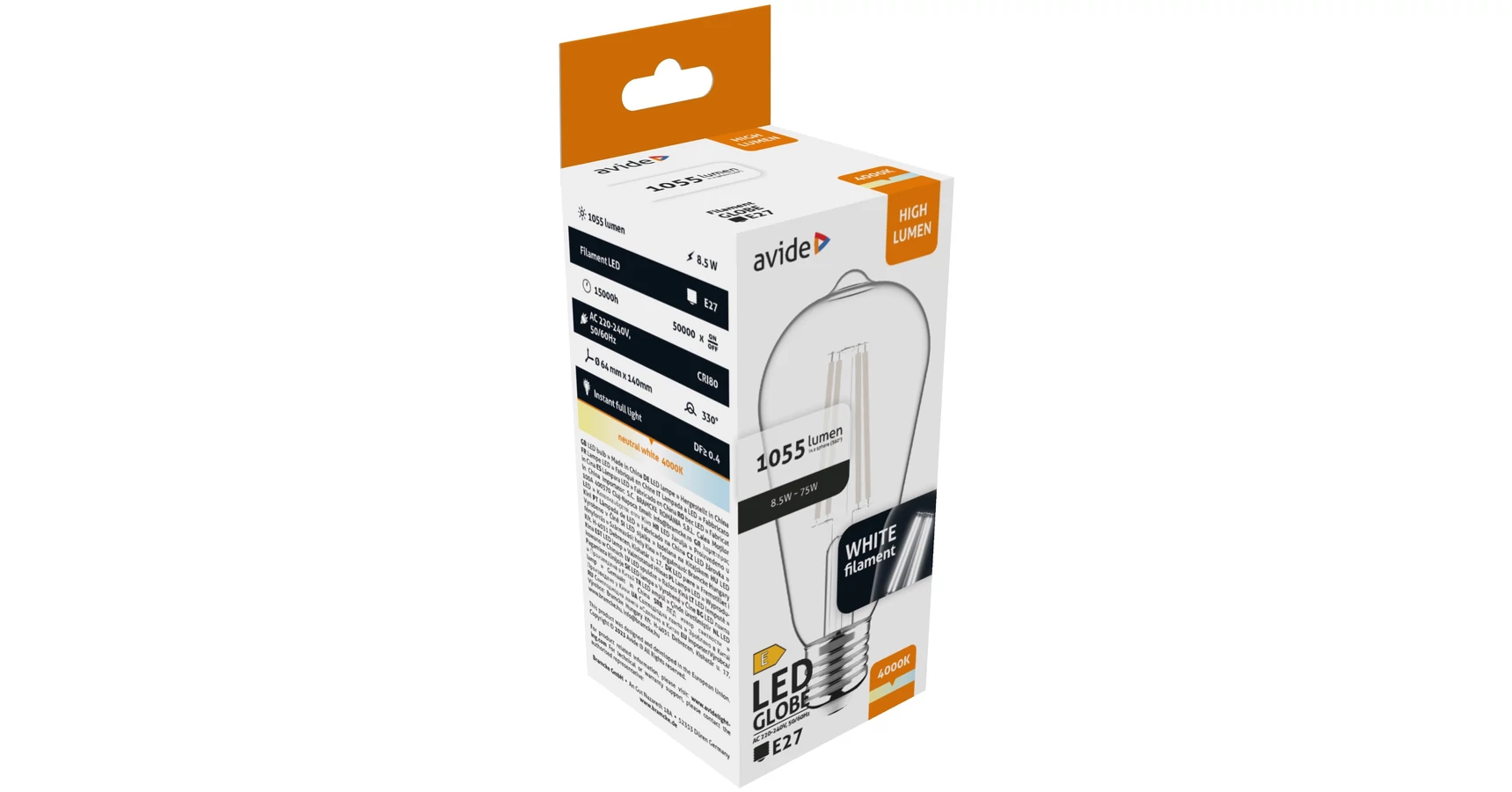 Avide LED White Filament ST64 8,5W E27 330° NW 4000K, 1055 lumen