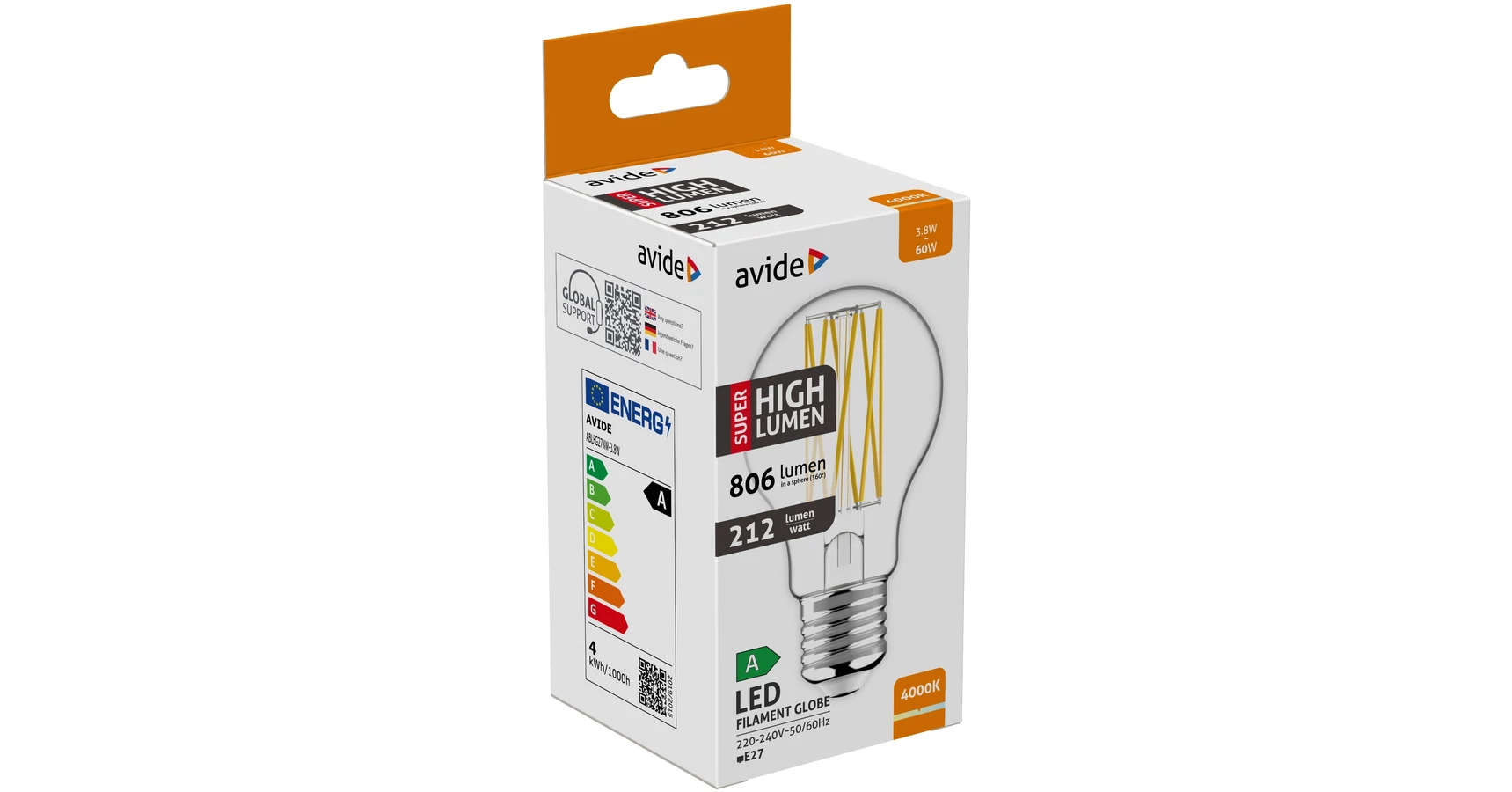 Avide LED Filament Globe E27 3,8W ,(üveg bura, 806lm, 4000K)
