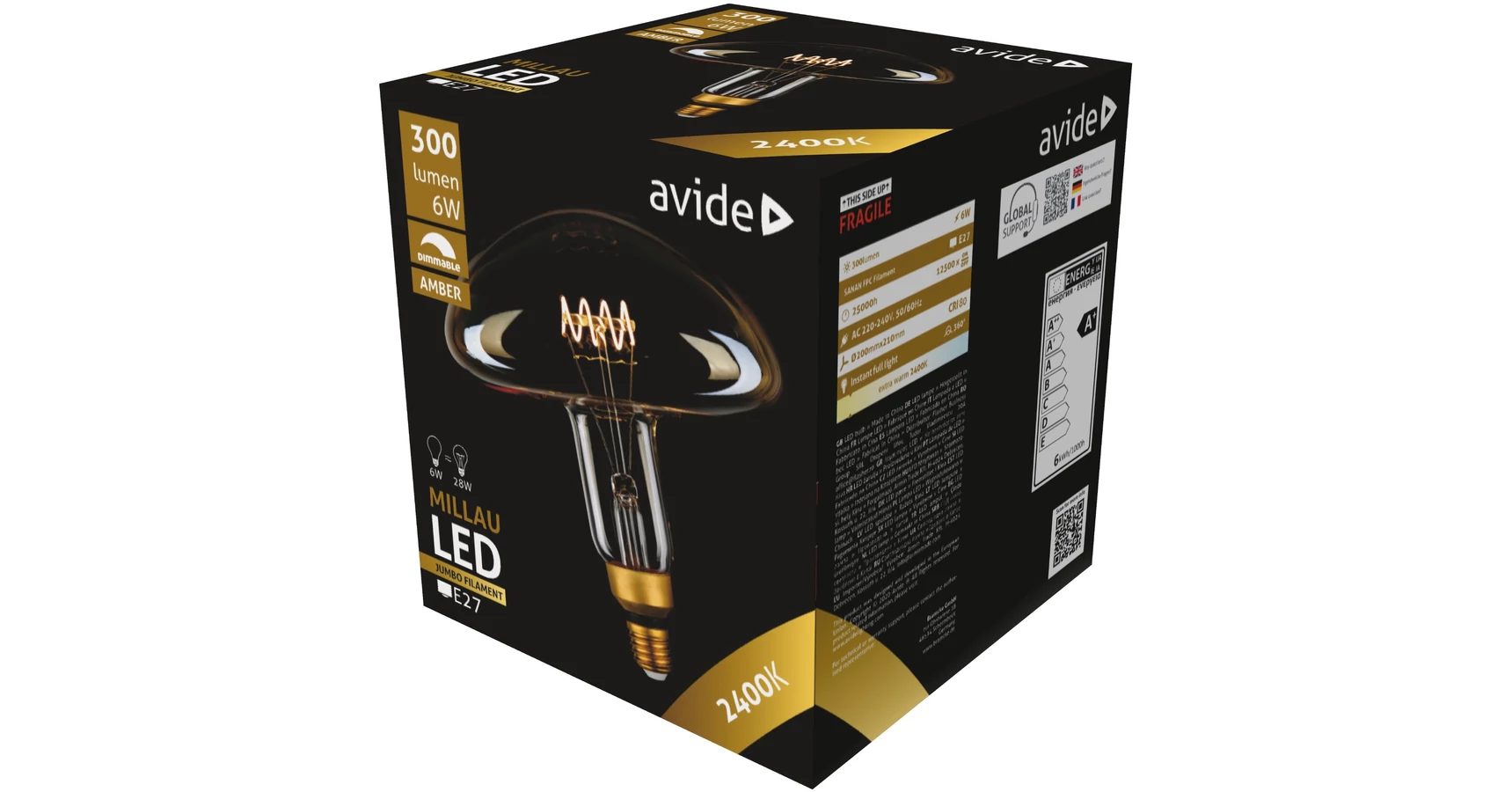 Avide Jumbo 6W LED Filament Millau, 200x210mm, Amber, E27, 2400K, 300lm