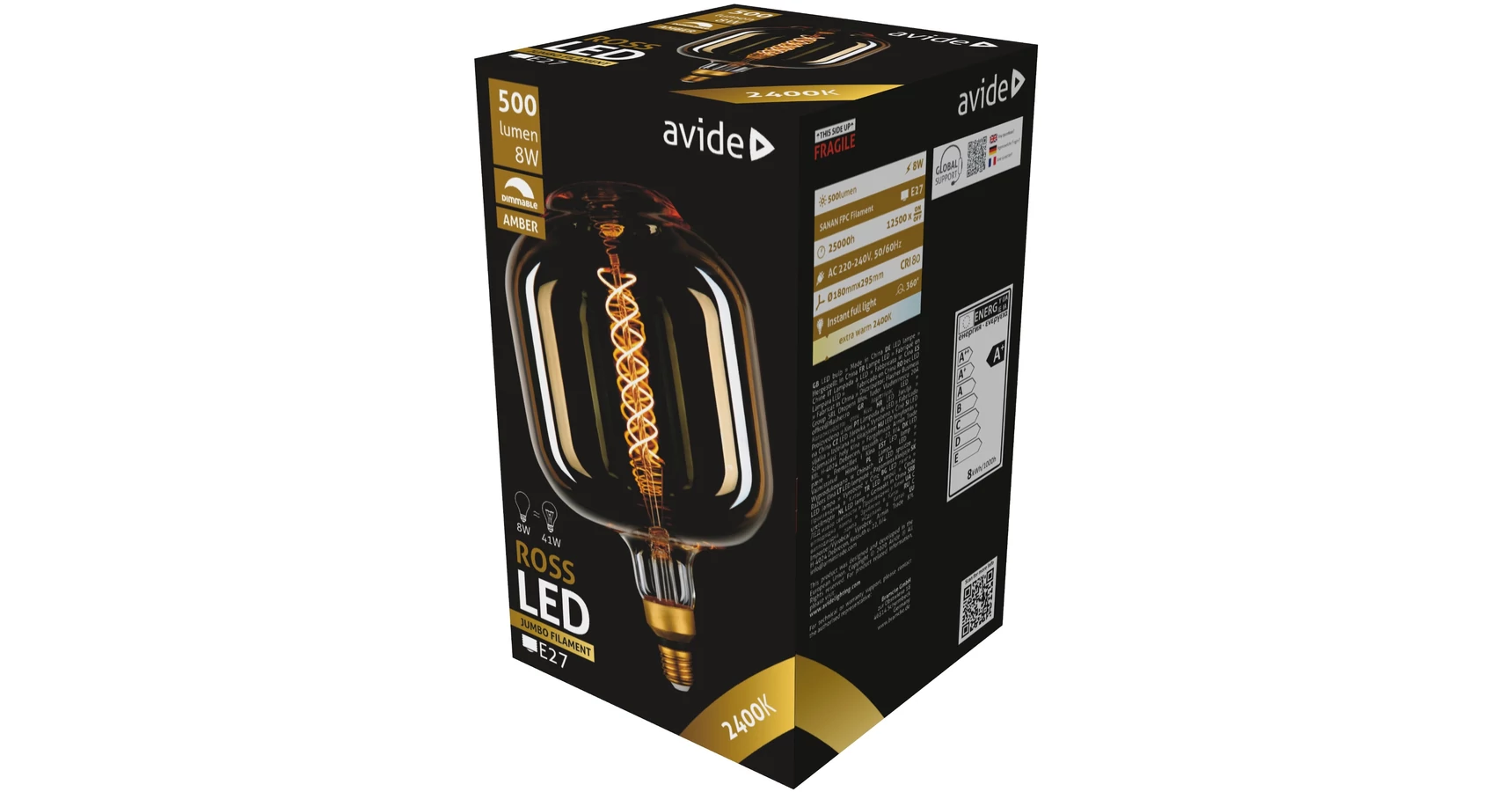 Avide Jumbo 8W LED Filament Ross, 180x295mm, Amber, E27, 2400K, 500lm