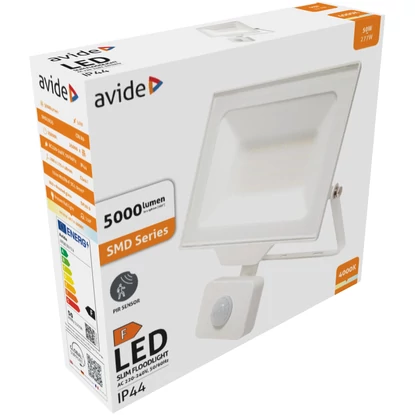 Avide LED opál reflektor Slim SMD 50W, 4000K, természetes fehér, PIR, mozgásérzékelővel