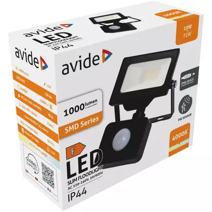 Avide 10W SMD LED Opál reflektor, PIR, gyorscsatlakozóval, 1000 lumen, 4000K