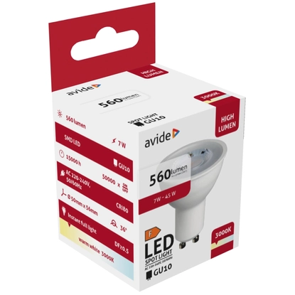 Avide LED Spot Alu+Plastic, 7W, GU10, 36°, WW, 3000K, meleg fehér, 560 lumen