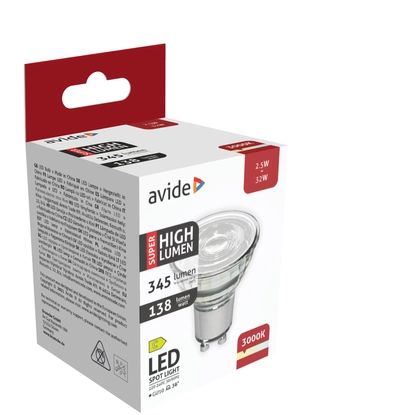 Avide LED Spot Alu+Plastic, 2,5W, GU10, WW, 3000K, meleg fehér, Super High Lumen, 345 lumen