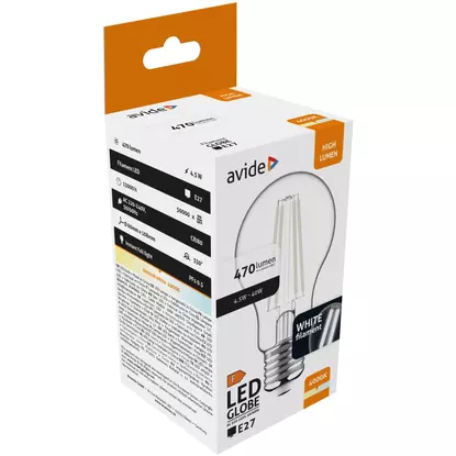 Avide 4,5W White Filament Globe fényforrás, e27, természes fehér, 470 lumen