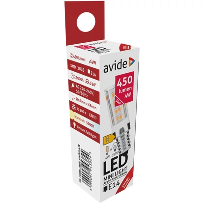 Avide E14 4w led lámpa, meleg fehér, 450lm, hűtőbe, elszívóba