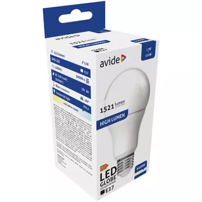 Avide LED Globe A60 13W E27 lámpa, hideg fehér, CW, 6400K, 1521 lumen