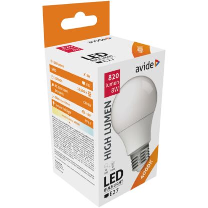 Avide LED Globe A60 8W E27 lámpa, természetes fehér, NW, 4000K, 806 lumen