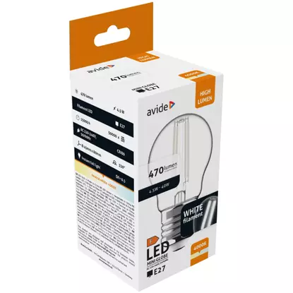 Avide LED White Filament Mini Globe, 4,5W, E27, természetes fehér 470 lumen 