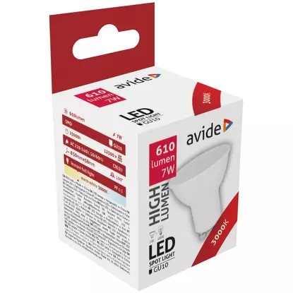 Avide LED Spot Alu+plastic, 7W, GU10, 100 °,WW, 3000K, meleg fehér, 610 lumen