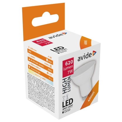 Avide LED Spot Alu+plastic, 7W, GU10, 100 °, NW, 4000K, természetes fehér, 620 lumen