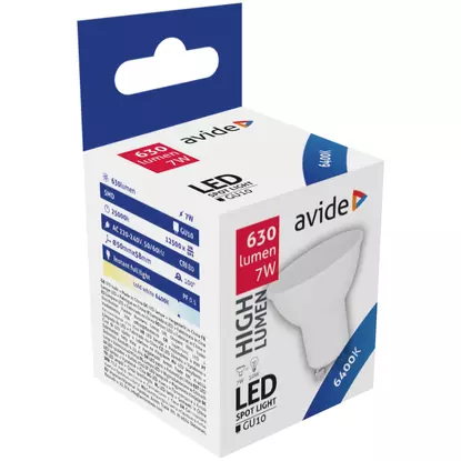 Avide LED Spot Alu+plastic, 7W, GU10, 100 °, CW, 6400K, hideg fehér, 630 lumen