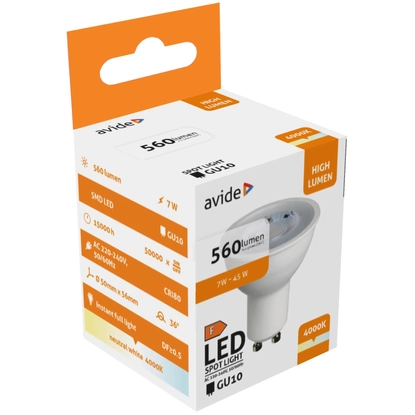 Avide LED Spot Alu+plastic, 7W, GU10, 36°, NW, 4000K, természetes fehér, 560 lumen