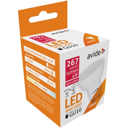 Avide LED Spot Alu+plastic, 4W, GU10, NW, 4000K, természetes fehér, 267 lumen