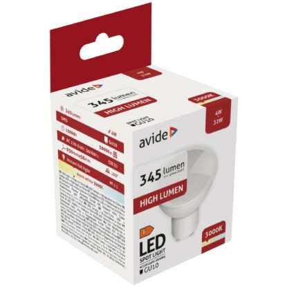 Avide LED Spot Alu+plastic, 4W, GU10, WW, 3000K, meleg fehér, 345 lumen