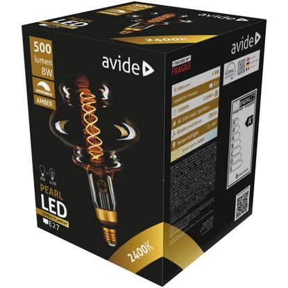Avide Jumbo 8W LED Filament Pearl 160x210mm Amber, E27, 2400K, extra meleg fehér, fényerőszabályzós, 500 lumen