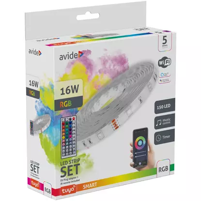 Avide LED Szalag Bliszter 12V, 16W RGB 5m TUYA-zene vezérlő+IR (infra) távirányító IP65