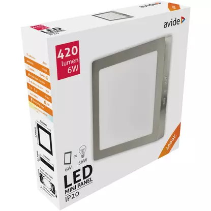 Avide LED Falra Szerelhető Négyzetes Mennyezeti Lámpa, ALU, Szatén Nikkel, 6W, NW, 4000K, 420 lumen, természetes fehér