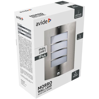 Avide Morro kültéri fali lámpatest mozgásérzékelővel, IP44, kerti, 1x20W, cserélhető fényforrás, E27, szatén nikkel