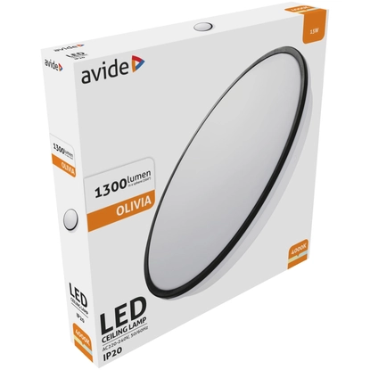 Avide Olivia 15W mennyezeti LED lámpa, 1300 lumen, 4000K, természetes fehér, fekete, IP20