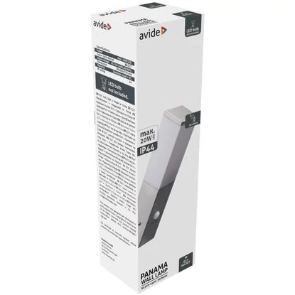  Avide Panama kültéri fali lámpa, 1xE27, IP44, szatén nikkel, rozsdamentes acél, mozgásérzékelős, PIR