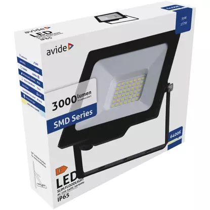 Avide LED Reflektor Slim SMD 30W CW 6400K, hideg fehér, 3000 lumen, IP65