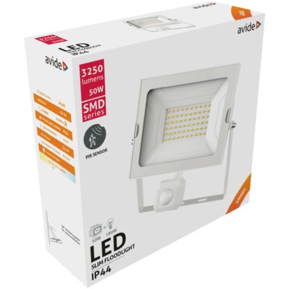 Avide LED Reflektor Slim SMD 50W NW 4000K Mozgásérzékelős PIR Fehér, 3250 lumen, IP44