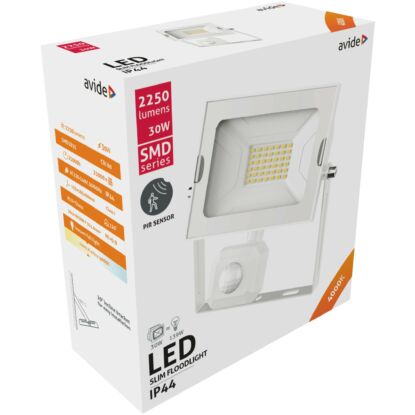 Avide LED Reflektor Slim SMD 30W NW 4000K Mozgásérzékelős PIR Fehér, 2250 lumen, IP44