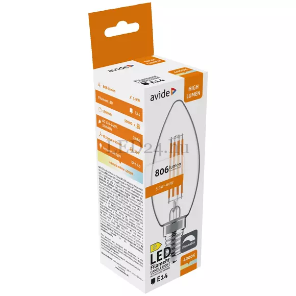 Avide 5,9W Filament gyertya fényforrás, e14, természetes fehér, fényerőszabályozható