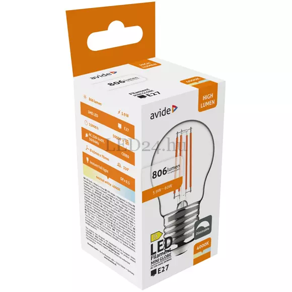 Avide LED Filament Mini Globe, 5,9W, E27, természetes fehér 806 lumen, dimmelhető