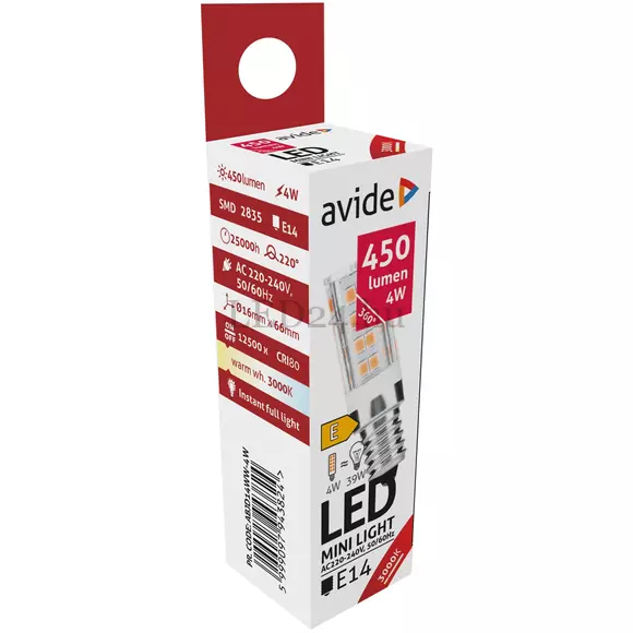 Avide E14 4w led lámpa, meleg fehér, 450lm, hűtőbe, elszívóba