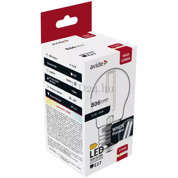 Avide LED White Filament Mini Globe, 6,5W, E27, meleg fehér 806 lumen 