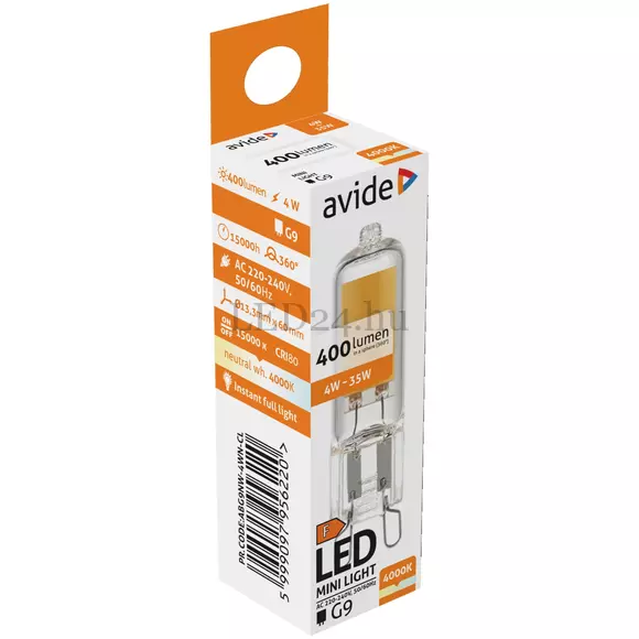 Avide G9, C-LED, 4W, 4000K, természetes fehér, 400 lumen, LED fényforrás