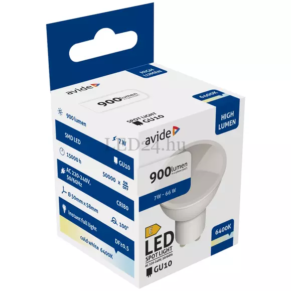 Avide LED Spot Alu+plastic, 7W, GU10, 6400K, hideg fehér, 900 lumen