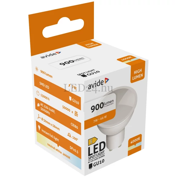 Avide Spot Alu+plastic, 7W, GU10, természetes fehér, spot, 900 lumen