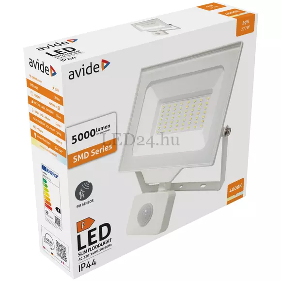 Avide LED reflektor Slim SMD 50W, 4000K, természetes fehér, PIR, mozgásérzékelővel